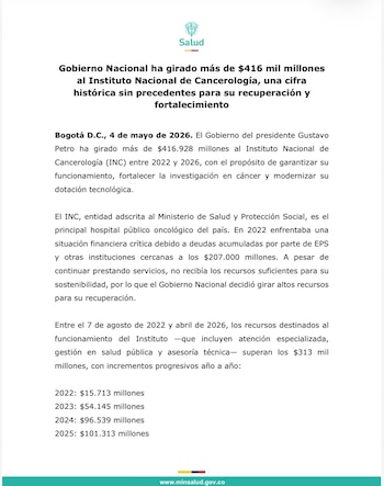 Gobierno ha girado $416 mil millones al Instituto de Cancerología en medio de crisis por deudas de $207 mil millones - crédito Ministerio de Salud
