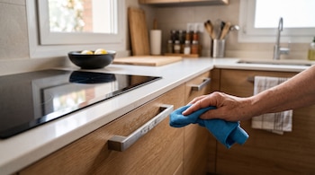 Una mano sostiene un paño azul frente a la manija metálica de un mueble de madera en una cocina con placa vitrocerámica.