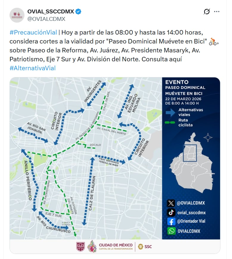 O trânsito será restrito em diversas estradas do México neste domingo, entre 8h e 14h. para a atividade