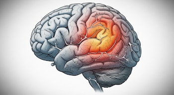 Ilustración de un cerebro humano en vista lateral; presenta surcos, y una amplia sección frontal y superior en tonos rojos y anaranjados.