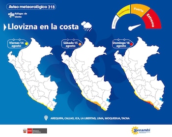 Infografía con tres mapas del Perú que muestran zonas costeras afectadas por lloviznas del 14 al 16 de agosto, ráfagas de viento y escala de intensidad