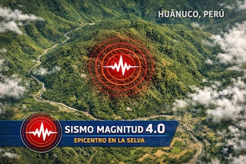 Vista aérea de montañas selváticas verdes con un río. Un icono rojo de sismo y texto superpuesto indican un Sismo Magnitud 4.0 en la Selva de Huánuco, Perú.