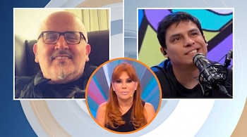 Composición con Beto Ortiz a la izquierda, Curwen a la derecha y Magaly Medina dentro de un círculo naranja en el centro.
