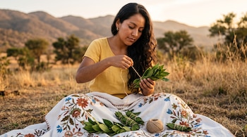 Una mujer sentada en el suelo ata hojas verdes con cordel sobre una manta blanca bordada con flores, junto a un ovillo de hilo.