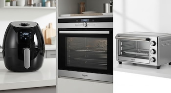 Vista de una Air Fryer negra digital, un horno eléctrico de acero inoxidable empotrado y un horno tostador plateado compacto sobre encimeras blancas.
