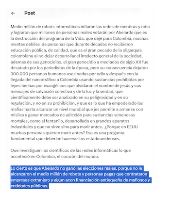 Gustavo Petro insiste en que Abelardo de la Espriella no ganó las elecciones
