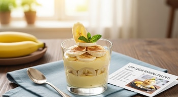 Un vaso con capas de plátano en rodajas, crema y una ramita de menta. Cerca hay una cuchara, dos plátanos enteros y una tarjeta con una receta.