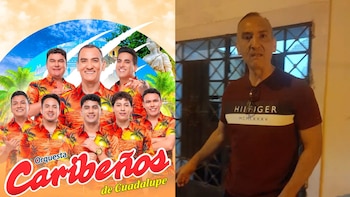Composición de la orquesta Los Caribeños de Guadalupe en un póster promocional junto a un hombre con polo Hilfiger denunciando en primer plano