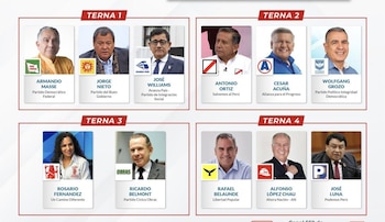 Un gráfico muestra cuatro grupos, o 'ternas', de candidatos presidenciales con sus fotos, nombres y logos de partidos políticos