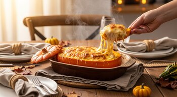 Mesa de madera con un plato de calabaza al horno con queso gratinado, vapor, una mano que sirve, platos con cubiertos, servilletas, calabazas pequeñas y hojas secas.