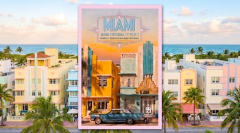 Portada del libro "Miami Mapa Cultural (y Pop)" de Pedro Medina León, edificios Art Deco, auto clásico, palmeras, océano, cielo con nubes.