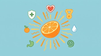 Ilustración plana: naranja a la mitad irradia luz sobre fondo azul claro, rodeada de íconos de escudo, corazón, medalla, gota de agua y espiral.