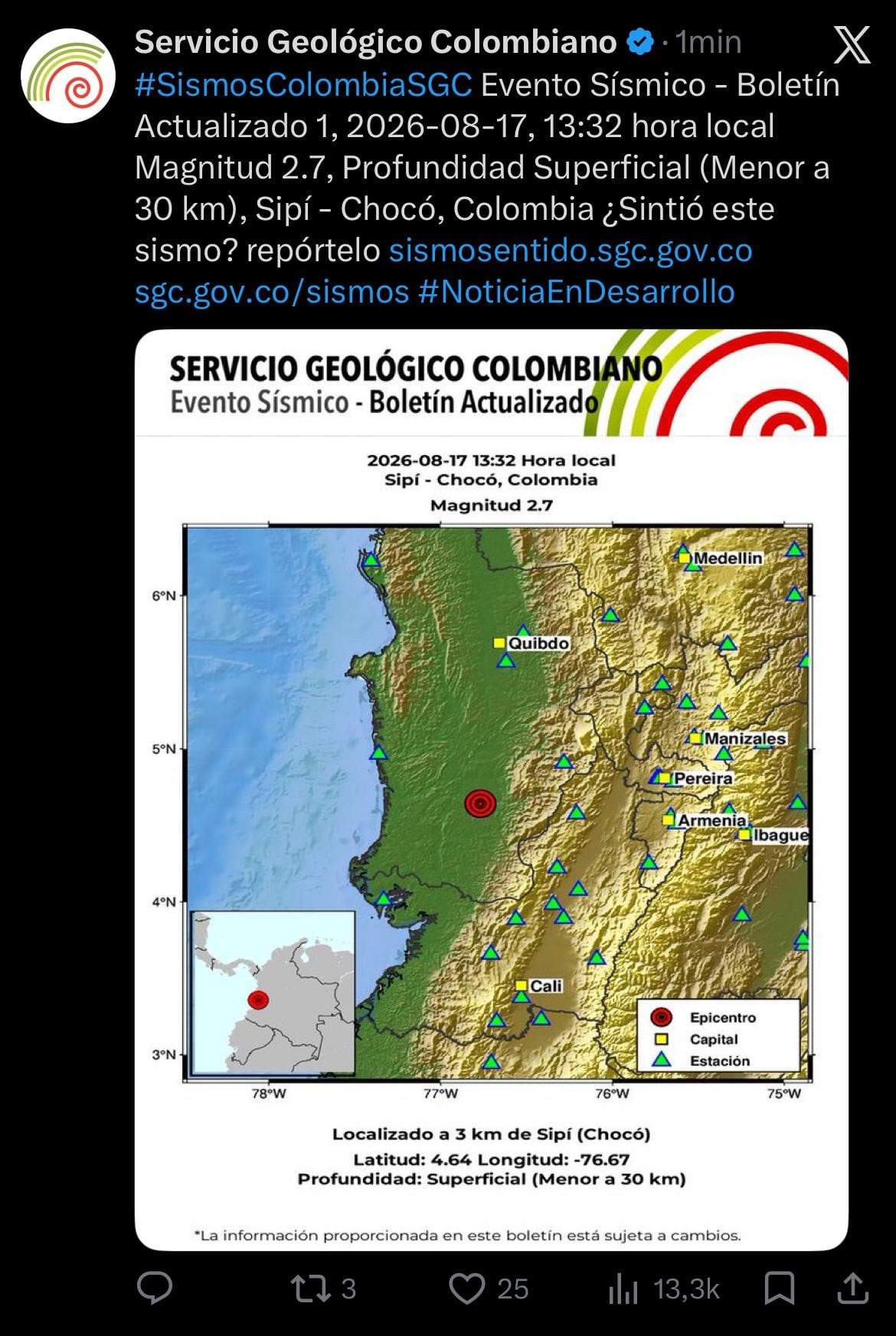 Tembló nuevamente en Chocó - crédito @sgcol/X