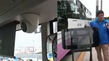 Una cámara de seguridad dentro de un bus y un hombre junto a una luna de vidrio reforzado frente a un vehículo de transporte público