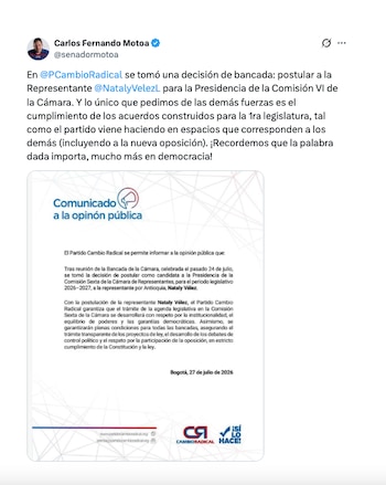 Carlos Fernando Motoa sobre la candidatura de Nataly Vélez