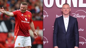 Imagen dividida de Wayne Rooney con camiseta roja deportiva a la izquierda y con traje azul oscuro frente a logotipos a la derecha.