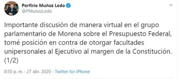 Twit Porfirio Muños Ledo (Foto: