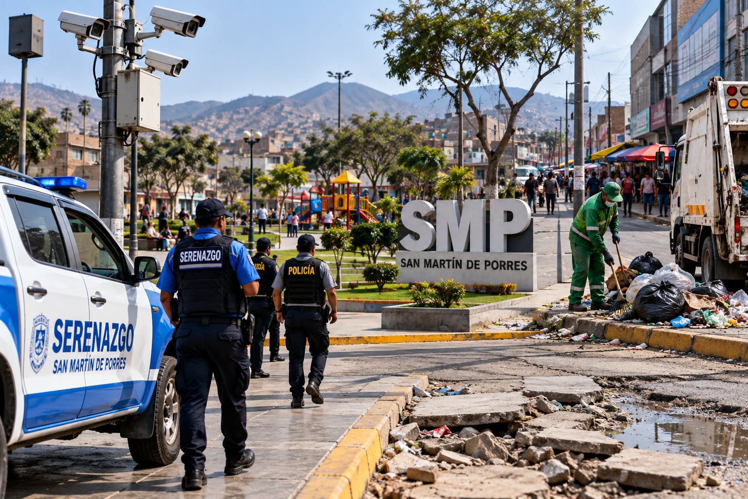 Agentes de seguridad patrullan una calle en San Martín de Porres mientras personal municipal realiza labores de limpieza junto a un parque. (Imagen Ilustrativa Infobae)