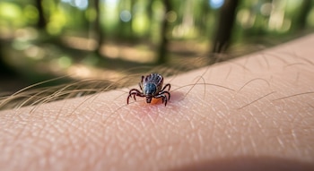 Primer plano de una garrapata marrón y negra con ocho patas sobre la piel de un brazo humano, con vellos finos y fondo de bosque borroso.
