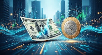 Un billete de 100 dólares estadounidenses y una moneda de un Peso Mexicano flotando sobre un fondo digital con gráficos financieros y rascacielos.