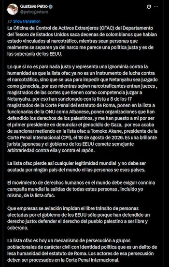 Petro afirmó que los responsables de esa supuesta persecución deberían ser procesados ante la Corte Penal Internacional, al considerar que los hechos podrían constituir un delito de lesa humanidad - crédito @petrogustavo/X