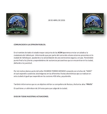 El panfleto atribuido a las ACSN incluye el nombre de Ricardo Torres Méndez, alias ‘El Tatuador’, dentro de un listado de personas señaladas - crédito @cncnoticiasvpar/Instagram