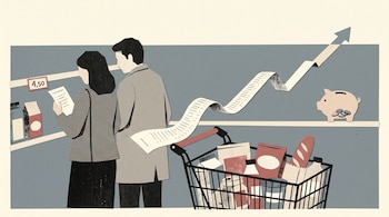 Ilustración de una pareja en un supermercado con un carrito lleno, un ticket desplegado que sube como una flecha y una hucha en un estante.
