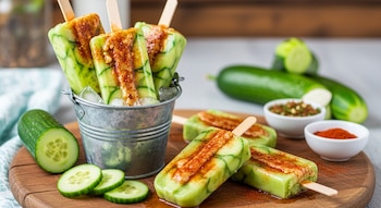 Paletas de pepino con chamoy y chile en polvo en cubo con hielo y tabla de madera, con pepinos frescos y especias en tazones al fondo.