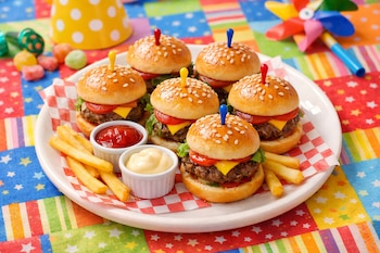 Plato blanco con seis mini hamburguesas, papas fritas, kétchup y mayonesa sobre un mantel de colores vivos con estrellas, junto a adornos de fiesta.