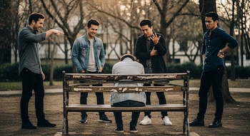 Cinco hombres en un parque. Un hombre sentado de espaldas en un banco. Cuatro hombres de pie alrededor, tres sonríen y uno señala al sentado. Fondo con árboles.