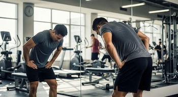 Hombre en camiseta gris y shorts negros se inclina en un gimnasio, mirando su reflejo con las manos en las caderas. Máquinas de ejercicio visibles al fondo.