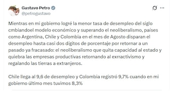 Gustavo Petro, expresiente de Colombia, resaltó que su gobierno dejó la tasa de desempleo en un solo dígito - crédito @PetroGustavo/X