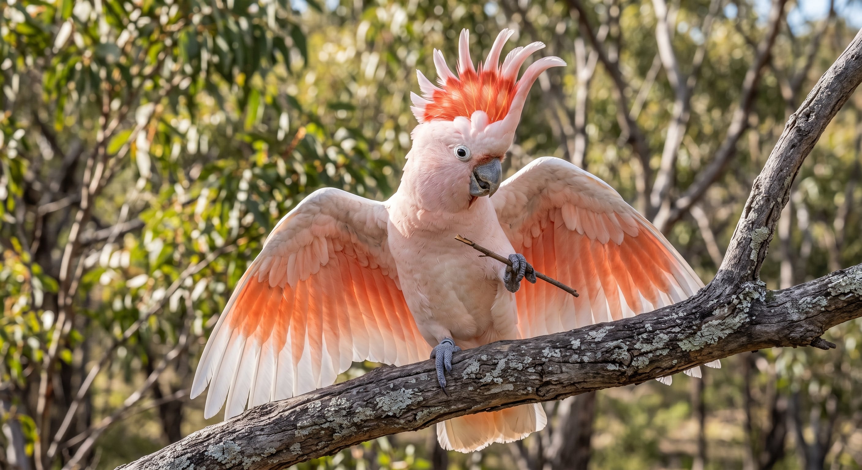 Una cacatúa de Leadbeater despliega sus alas de tonos rosados y sostiene una pequeña rama con la pata sobre la rama de un árbol. (Imagen Ilustrativa Infobae)