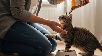Una persona arrodillada en el suelo vierte alimento de una bolsa en el comedero de un gato atigrado. La persona acaricia al gato.