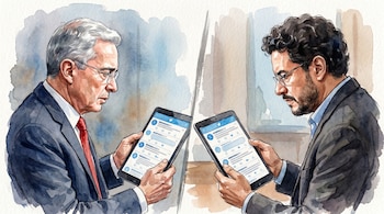 Pintura en acuarela que muestra a Iván Cepeda y Álvaro Uribe Vélez de perfil, cada uno concentrado en una tableta con la interfaz de la plataforma X.