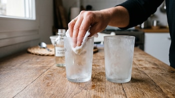 Una mano pasa un paño blanco sobre un vaso de vidrio opaco situado junto a otro vaso y una botella en una mesa de madera.