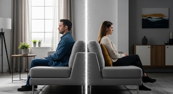 Um homem e uma mulher sentados costas com costas num sofá dividido por uma linha de luzes brilhantes numa moderna sala de estar com luz natural.