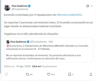 El alcalde Federico Gutiérrez informó que el incendio fue controlado por el Cuerpo Oficial de Bomberos Medellín - crédito @FicoGutierrez/X