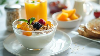 Desayuno completo y saludable con cereales, frutas variadas, tostadas doradas, jugo de naranja natural, pasas y yogurt. Una opción deliciosa para empezar el día con energía y cuidar tu bienestar. (Imagen Ilustrativa Infobae)