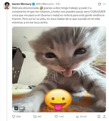 Gatito de color gris con rayas claras en primer plano, saca la lengua. Debajo se ve un emoji amarillo con la lengua afuera. Fondo difuminado