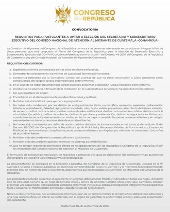 Documento con el logotipo del Congreso de Guatemala y un texto titulado convocatoria con una lista de requisitos