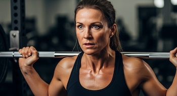 Primer plano de una mujer de 45 años sudando intensamente mientras levanta una barra con pesas sobre sus hombros en un gimnasio, con expresión de esfuerzo y concentración.