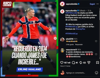 El recuerdo de Erling Halaand en los Mundiales de fútbol, evocó la participación de James Rodríguez en Brasil 2014-crédito @espncolombia/Instagram