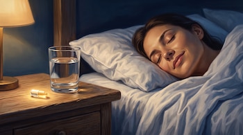 Una mujer duerme en una cama al lado de una mesa de noche con una lámpara encendida, un vaso con agua y una cápsula luminosa.