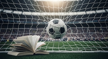 Una red de fútbol blanca abultada con un balón de fútbol blanco y negro incrustado, un libro abierto sobre el césped y una tribuna desenfocada al fondo.