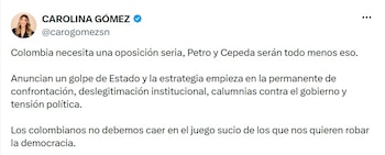 Vocera de Gobierno de Abelardo de la Espriella aseguró que no se garantiza una oposición seria en el mandato del abogado - crédito @carogomezsn/X