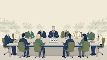 Ejecutivos sentados a una mesa de reuniones con cabezas formadas por código binario y un informe con el logo BCG en el centro.