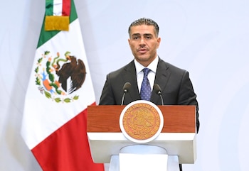 El secretario de Seguridad, Omar García Harfuch, durante 'La Mañanera' este miércoles. (Crédito: Presidencia)