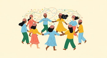 Ilustración plana: ocho personas con cerebros rosados en la cabeza, bailan en círculo tomadas de las manos. Líneas coloridas conectan sus cerebros en fondo amarillo.