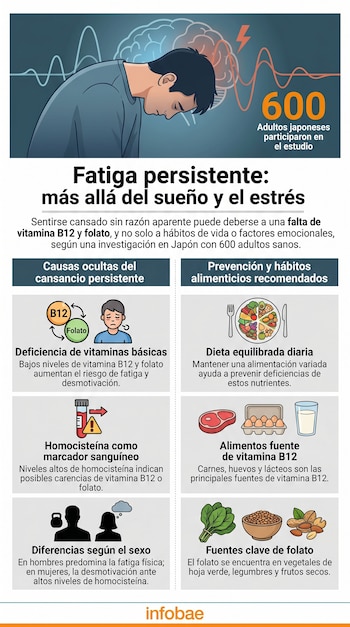 Infografía que ilustra la fatiga persistente, con un hombre cabizbajo, datos sobre causas nutricionales y recomendaciones de alimentos ricos en vitaminas.